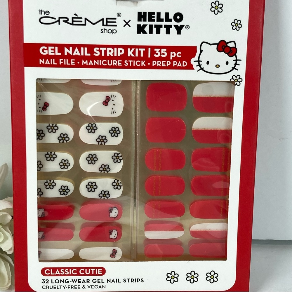 Hello KittyX Crème Shop Classic Cutie 32 Long Wear Gel Nail Strips Red White NEW - Picture 4 of 4